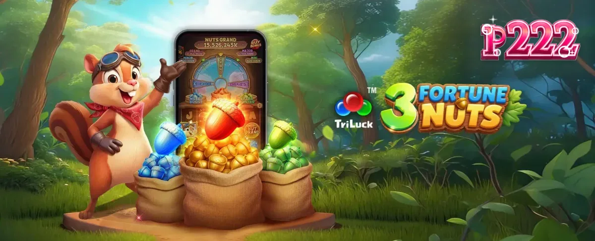 Isang masayang squirrel sa gitna ng kagubatan na may mga acorn at gintong simbolo sa 3 Fortune Nuts slot.